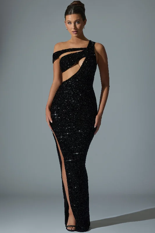 Time to Save Big!Embellished Asymmetric Cut-Out Gown in Black