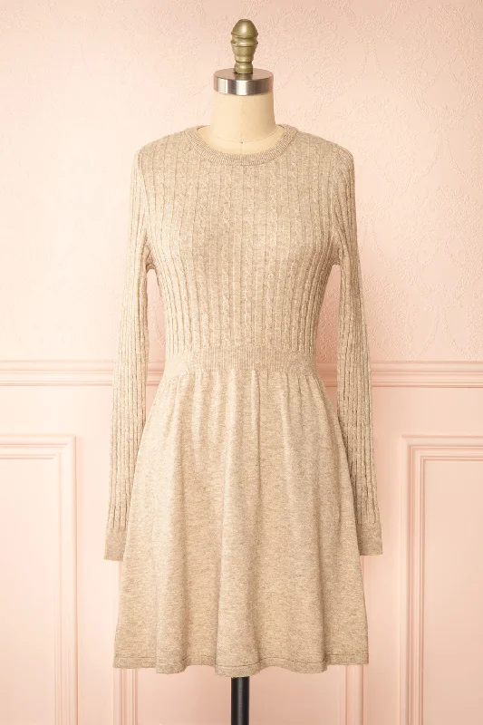 Crazy Discounts Inside!Pertina | Short Beige Knit Dress w/ Long Sleeves