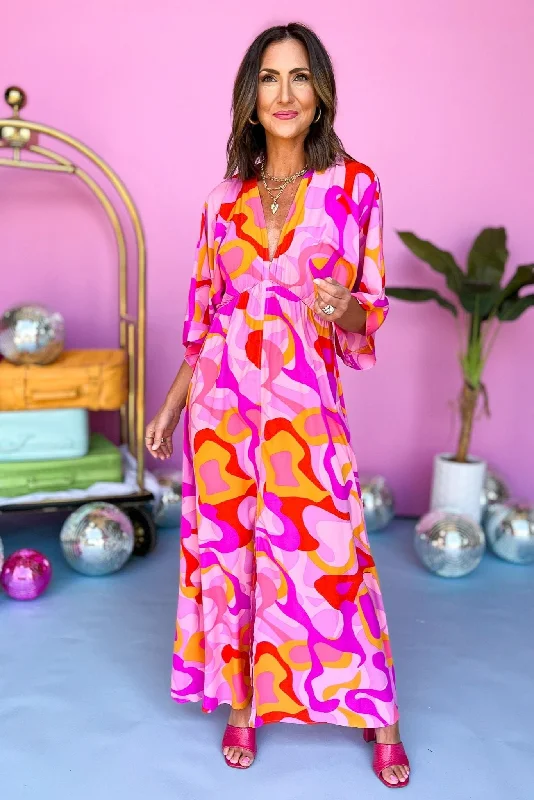 Everything Must Go!Pink Abstract Printed V Neck Kimono Sleeve Maxi Dress