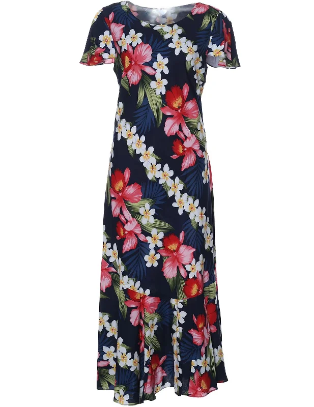 Best Offers of the Month!Plumeria Orchid Panel Maxi Hawaiian Dress Cap Sleeves
