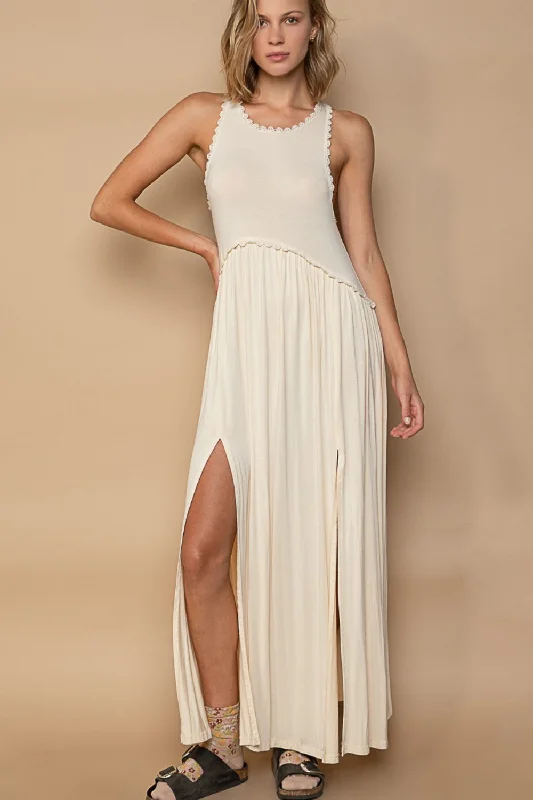 New Discounts Just Dropped!Hot Girl Lace Accent Sleeveless Back Zipper Front Slit Maxi Dress In Cream