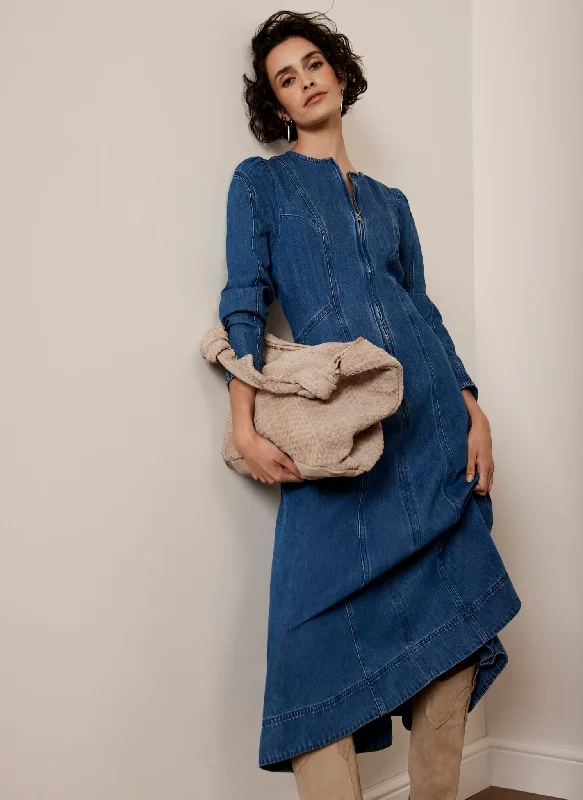 Get the Best for Less!Indigo Puff Sleeve Denim Midi Dress