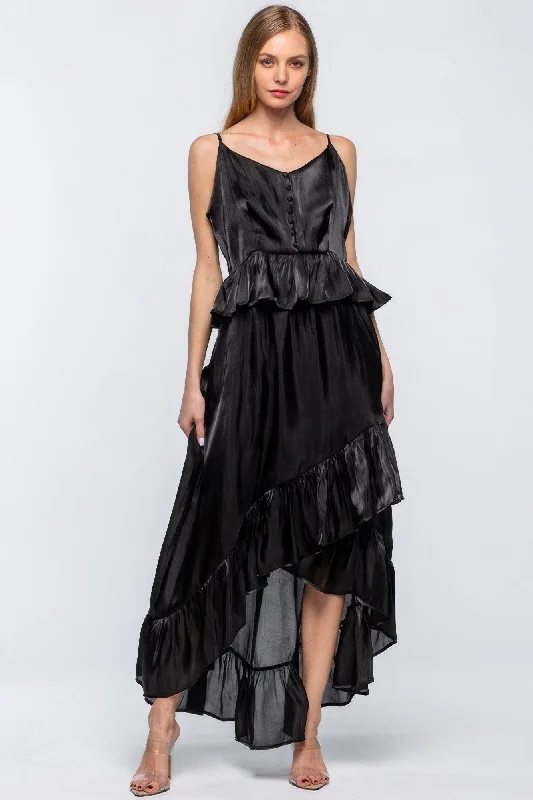 Save Money, Shop Happy!Hot Girl Shimmer Ruffled Tiered Maxi Dress In Black