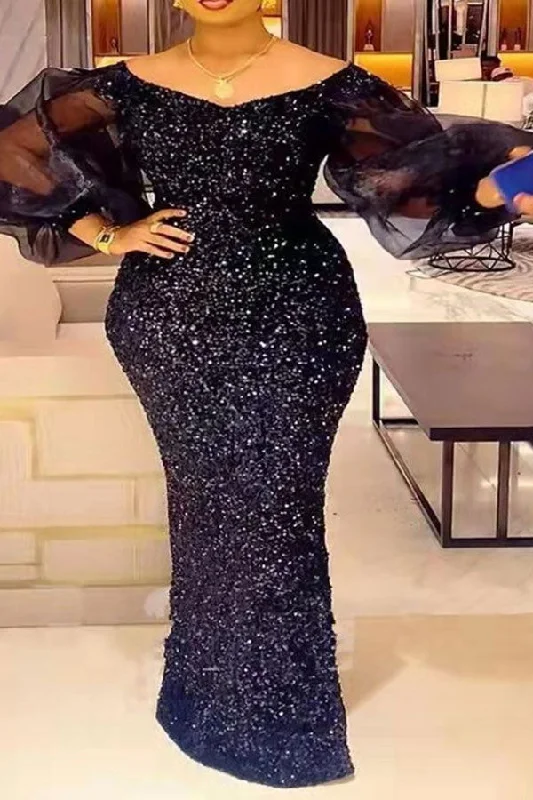 Your Shopping Spree Starts Here!Sequined Pretty Puff Sleeve Maxi Dress