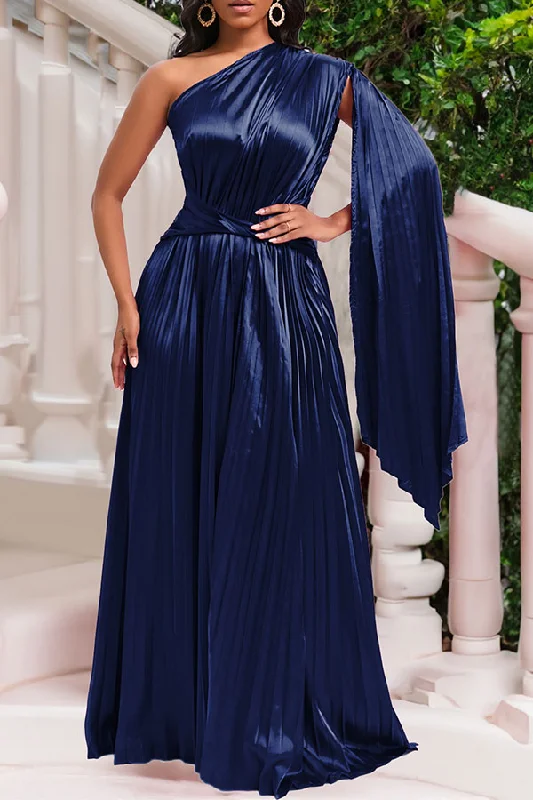 One Day Only – Huge Savings!Solid Color One Shoulder Luxe Pleated Maxi Dress