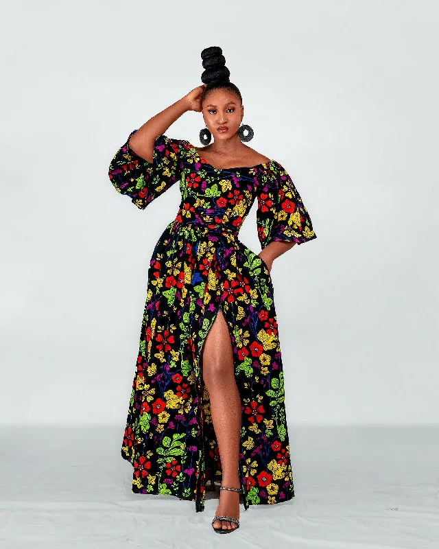 Your Favorite Items on Sale Now!Tess Ankara Off Shoulder Maxi Dress | Green and Pink Multicolored African Print