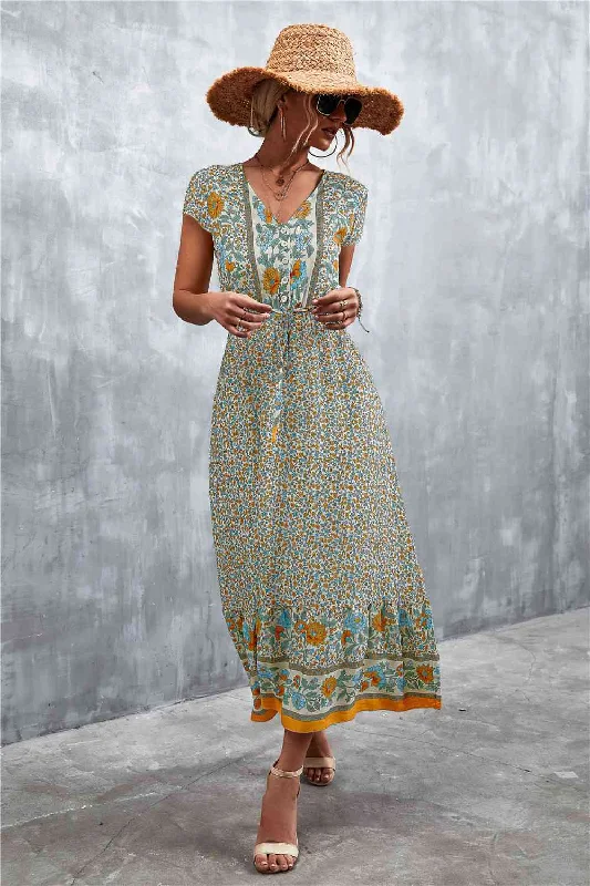 New Discounts Just Dropped!V-Neck Short Sleeve Printed Maxi Dress