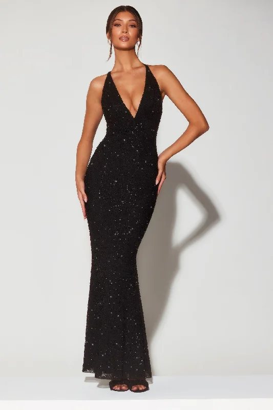 Every Deal is a Steal!Embellished Plunge Halter Neck Evening Gown in Black