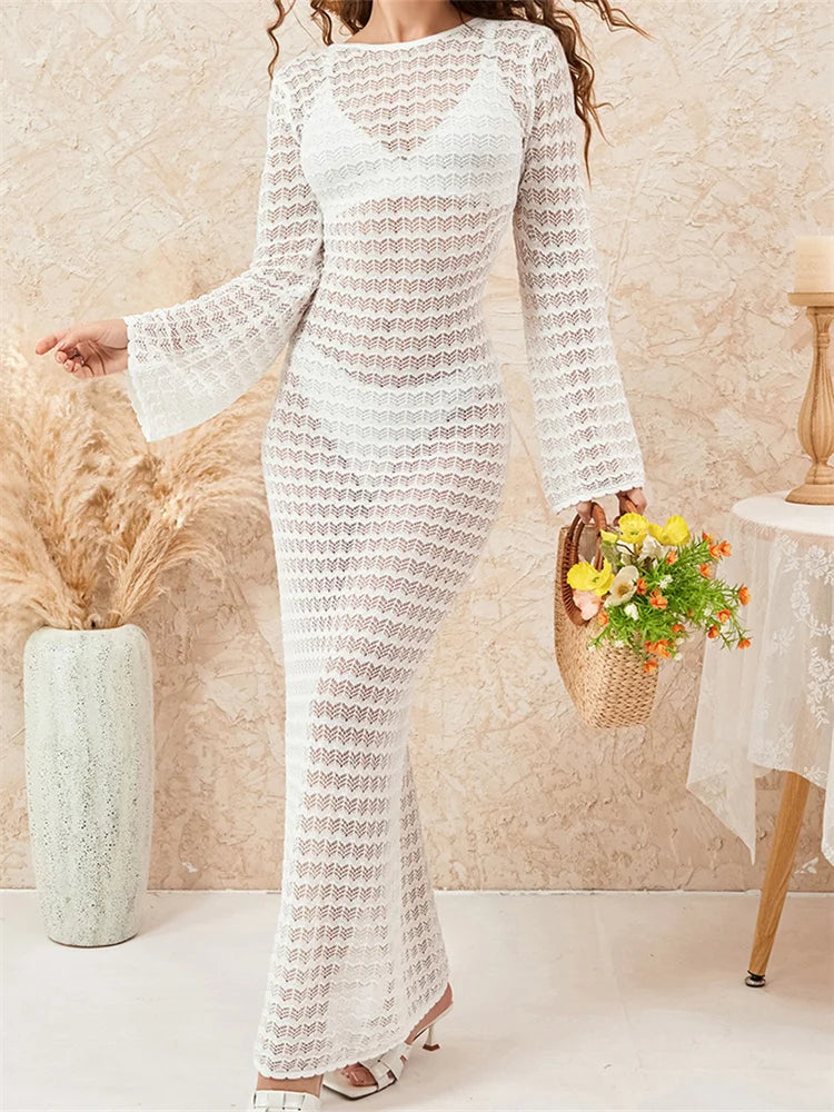 Amazing Prices You Can’t Resist!Amy Fashion - Women Crochet Knitted  Casual  Sleeve Round Neck Backless Tie-up Solid Hollow Out Beach Vestidos