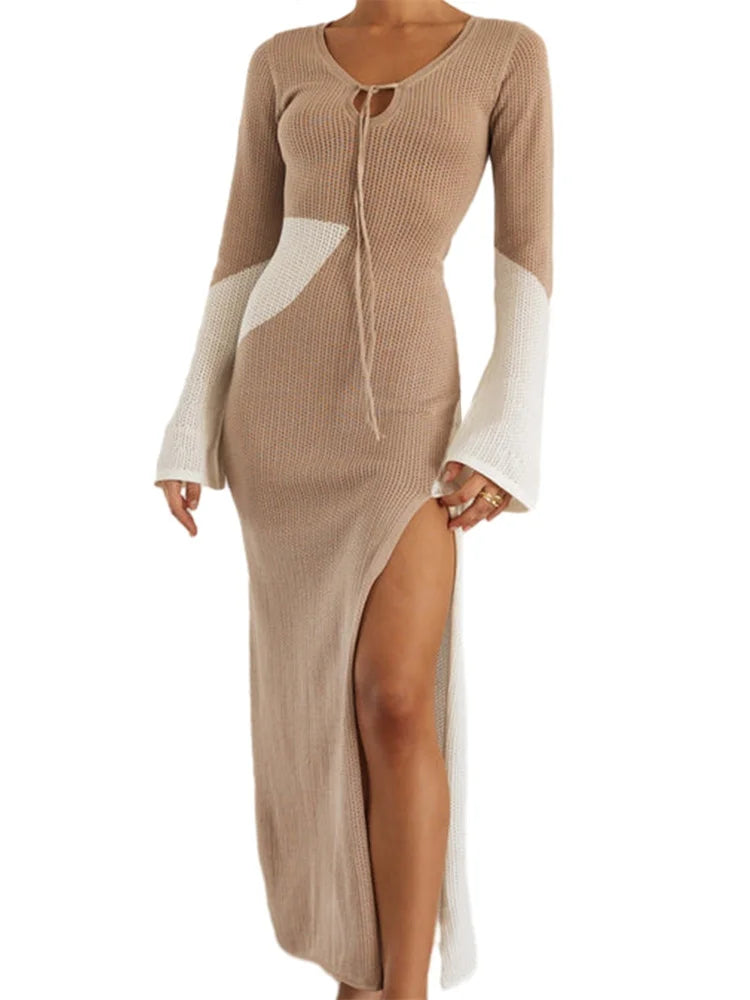 Buy One, Get One Free!Amy Fashion - Women Knitted  Contrast Color Tie-Up V-Neck  Sleeve Side High Split Slim Fall Spring Vestido