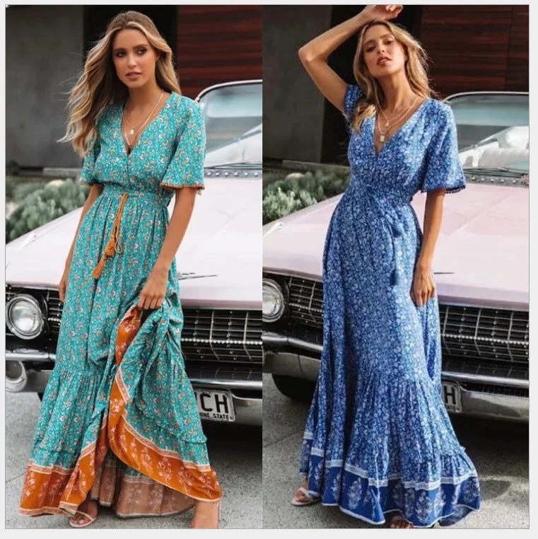Unlock Huge Savings Now!Women's Printed Temperament Commute Stitching Tassel Maxi Dress