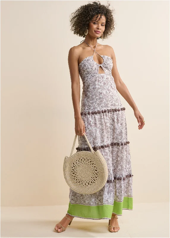 Your Shopping Spree Starts Here!Tiered Tassel Maxi Dress - Brown & Green