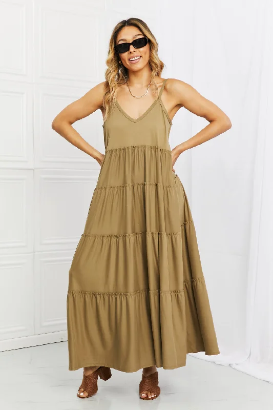 Your Discount is Waiting!Full Size Spaghetti Strap Tiered Dress with Pockets in Khaki