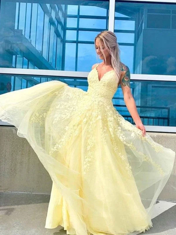 Shop More, Spend Less!2020 Popular Lace Prom Dresses, Yellow Tulle A-line Lace Prom Dresses