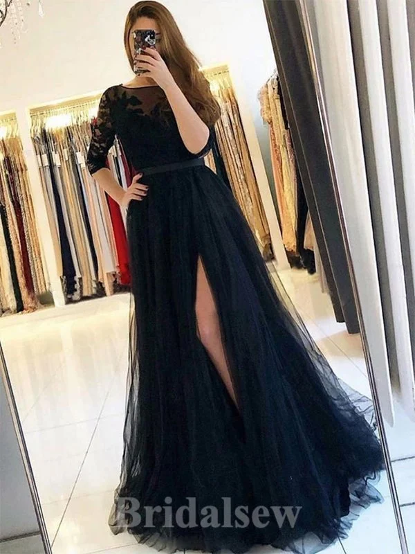 Hurry, Sale Ends Soon!A-line Black Long Sleeves Popular Tulle Best Elegant Modest Long Party Evening Prom Dresses PD1319