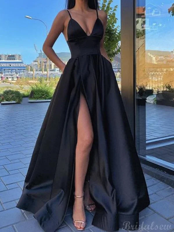 Get It Before It’s Gone!A-line Black Satin Spaghetti Straps Prom Dresses Online PD051