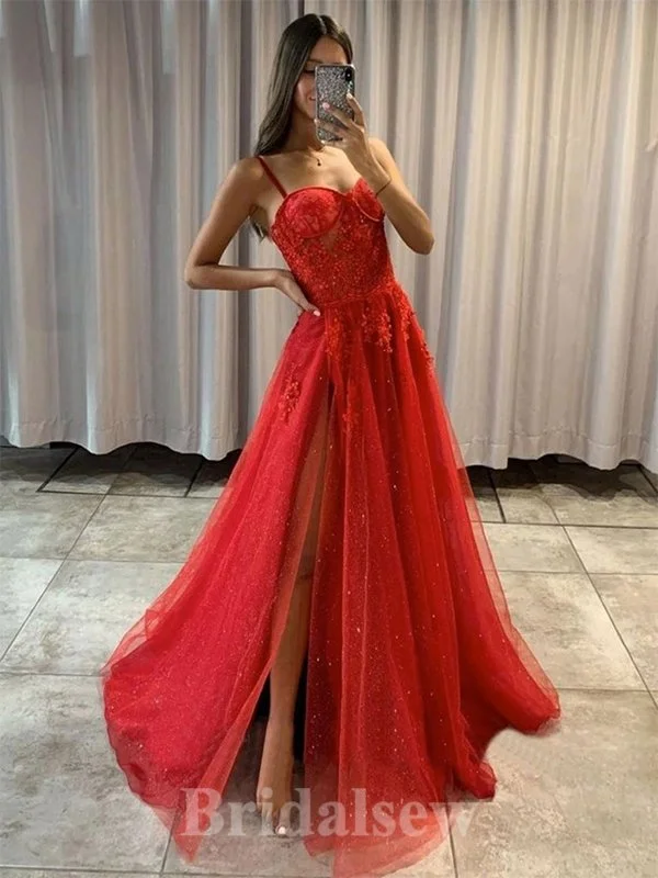 Savings You Can’t Ignore!A-line Charming Spaghetti Straps Red Glitter Modest Elegant Long Party Evening Prom Dresses PD1327