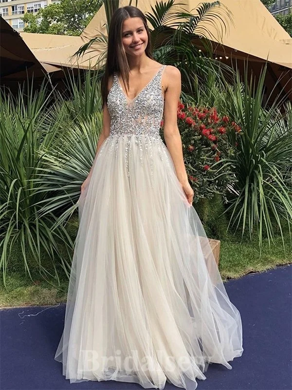 Get More, Spend Less – Shop Now!A-line Charming V-Neck Sparkly Modest Elegant Long Party Evening Prom Dresses PD1330