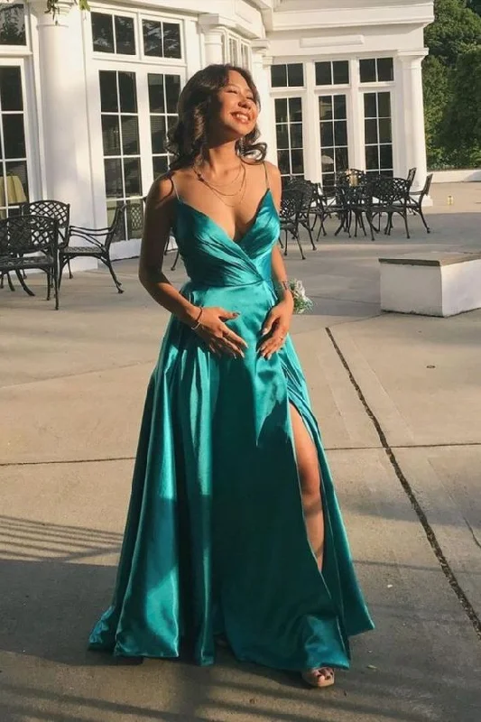 Exclusive Savings This Week!A-line green satin long prom dress features with spaghetti straps        cg23666
