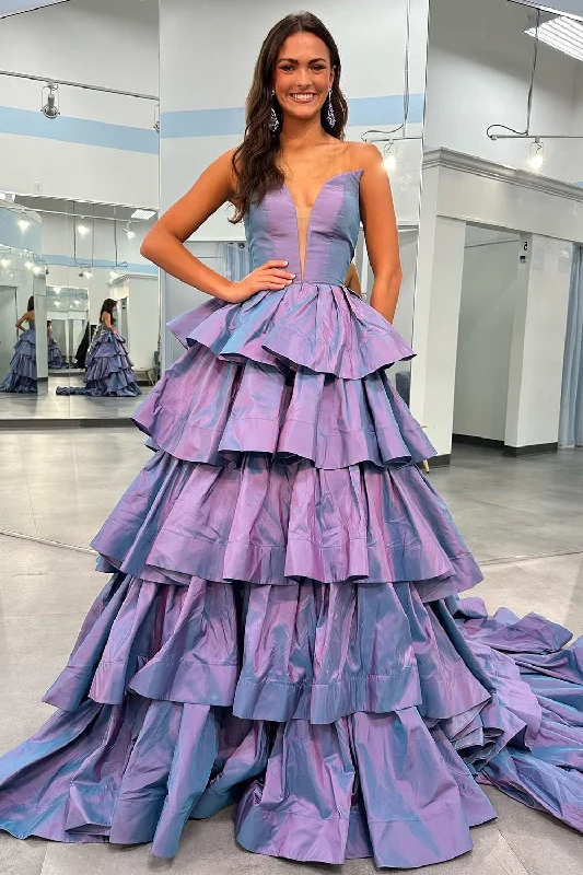 Every Deal is a Steal!A Line Purple Long Tiered Prom Dress