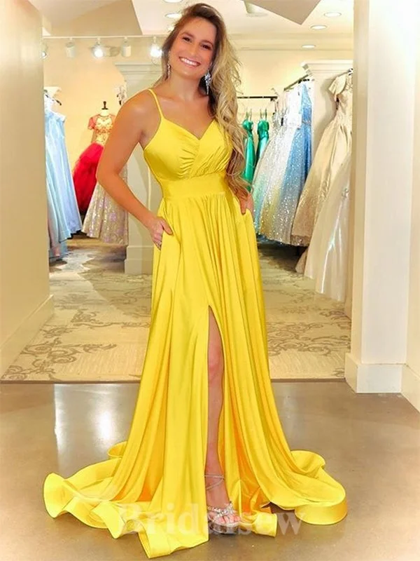 Exclusive Deals Just for You!A-line Satin Yellow Spaghetti Straps Simple Elegant Modest Long Party Evening Prom Dresses PD1309