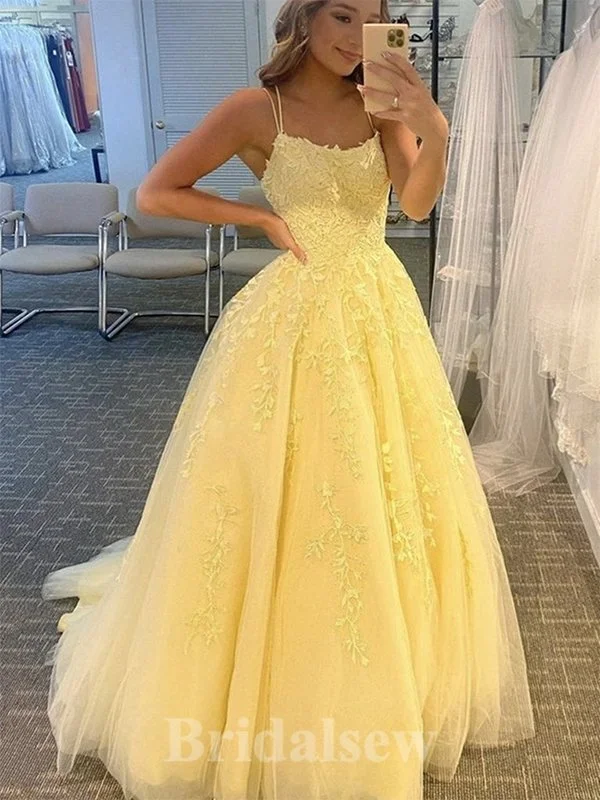 Shop Before It’s Gone!A-line Tulle Lace Yellow Spaghetti Straps Simple Elegant Modest Long Party Evening Prom Dresses PD1310