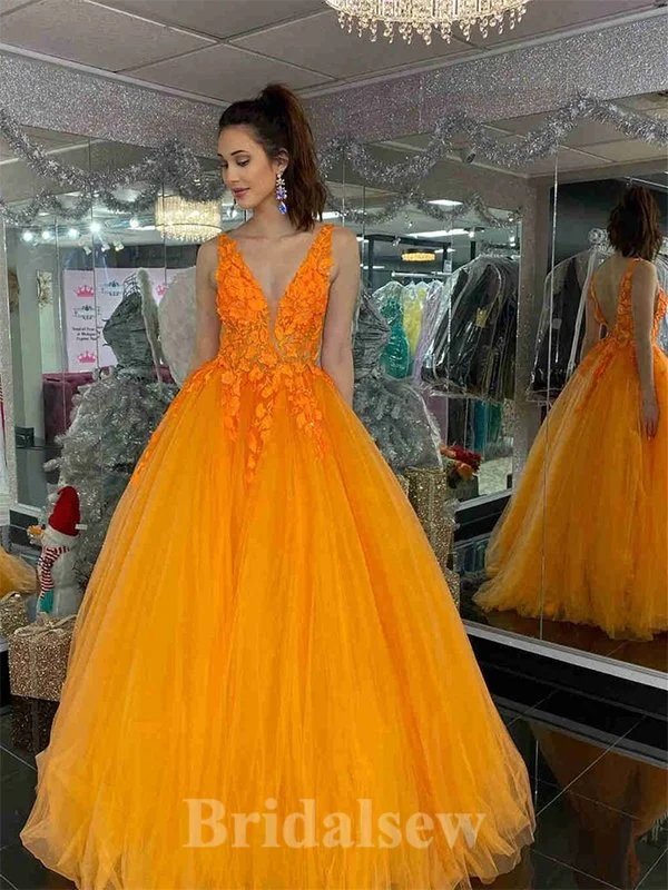 Huge Savings – Act Now!A-line V-Neck Orange Popular Tulle Best Elegant Modest Long Party Evening Prom Dresses PD1317