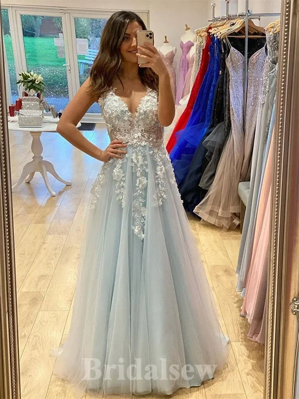Best Offers of the Month!A-line V-Neck Sleeveless Popular Tulle Elegant Modest Long Party Evening Prom Dresses PD1315