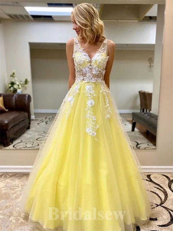 Mega Sale Happening Now!A-line V-Neck Sleeveless Yellow Tulle Elegant Modest Long Party Evening Prom Dresses PD1314