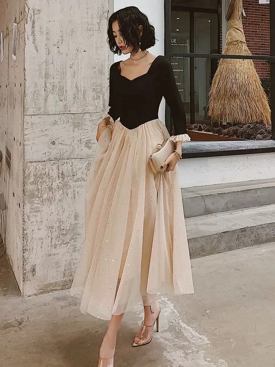 Your Exclusive Offer Awaits!Long Sleeve Prom Dress ,elegant Midi Dress, Black And Champagne Party Dress           cg23628