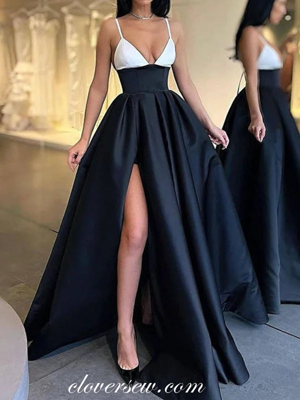 Exclusive Deals Just for You!Black And White V-neck Side Slit A-line Formal Dresses, CP0859