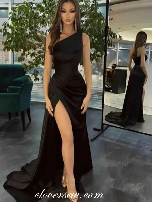 Huge Price Cuts Await!Black One Shoulder Pleating High Slit Column Prom Dresses, CP0867
