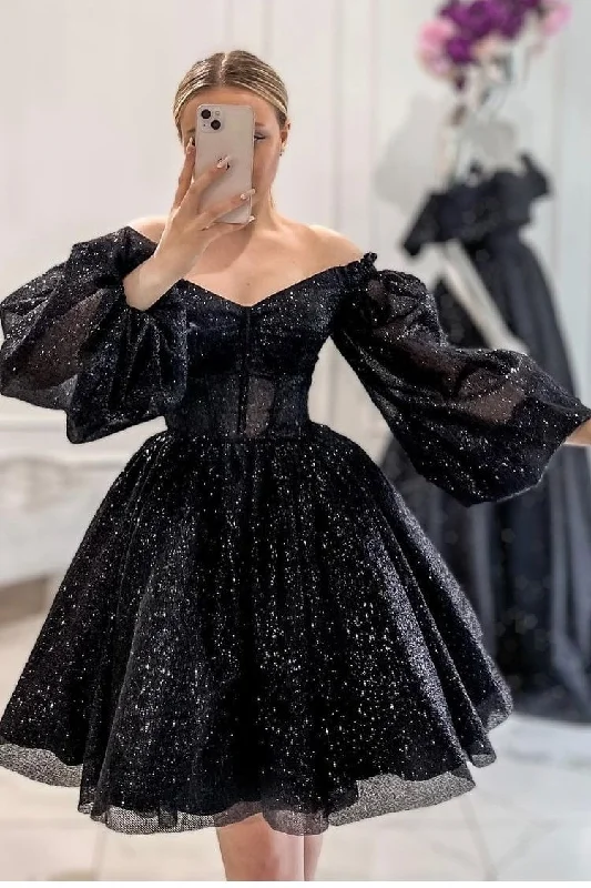 Limited Time Offer!Black Sequin Homecoming Dresses with Sleeves