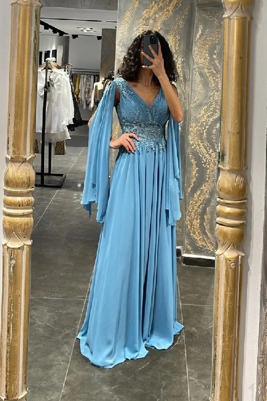 Upgrade for Less!Blue Chiffon Lace Prom Dress with Ribbon Sleeves