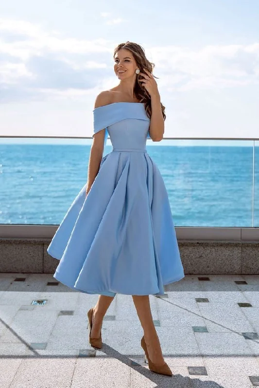 Act Fast – Limited Time Savings!Blue Satin Tea-Length Prom Gown with Off-the-shoulder