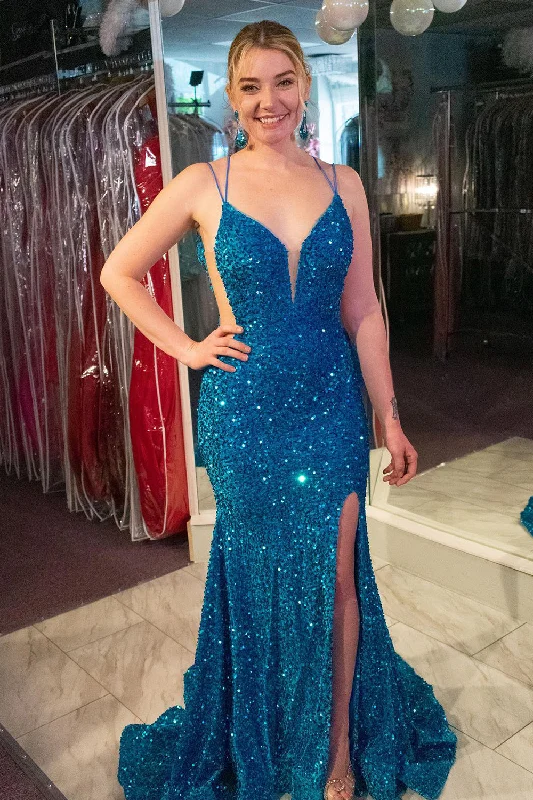 Limited Deals, Unlimited Savings!Blue Sequins Mermaid Long Prom Dress With Slit