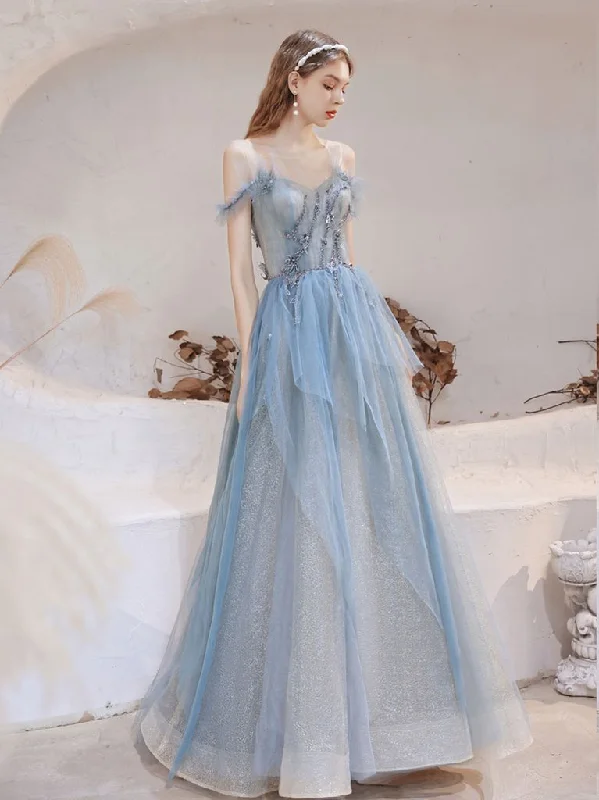Your Favorite Sale is Back!BLUE TULLE OFF SHOULDER LONG PROM DRESS, BLUE TULLE EVENING DRESS    cg23655