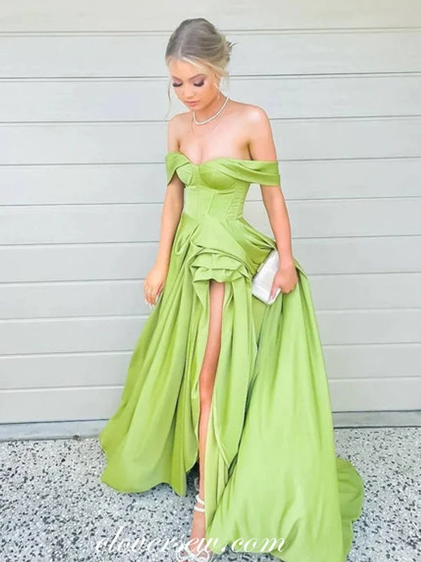 Best Offers of the Month!Bright Green Off The Shoulder Ruffles Slit Charming Prom Dresses,CP0860