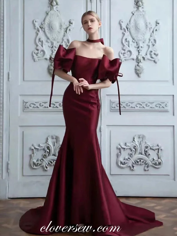 Only a Few Left – Order Now!Burgundy Satin Off The Shoulder Mermaid Elegant Formal Dresses, CP0849