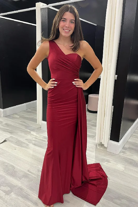 Your Best Deals Are Here!Burgundy Sheath One Shoulder Long Prom Dress