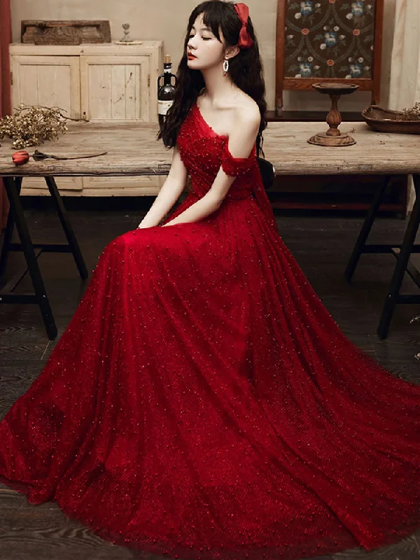 Amazing Prices You Can’t Resist!Burgundy tulle beads long prom dress burgundy tulle formal dress     cg23725