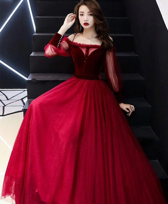 Get the Best for Less!Burgundy tulle long prom dress, burgundy tulle evening dress       cg23684