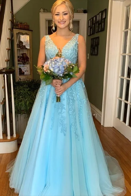 Get More for Less!classic A-line blue tulle and lace appliques long prom dress with beaded band        cg23667