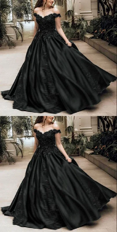 Sale Alert – Get Ready to Shop!Elegant black satin prom ball gown dresses lace beaded off the shoulder   cg23656