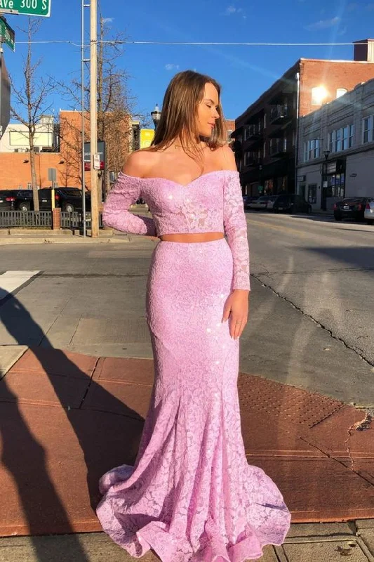 Instant Savings Await!elegant pink off the shoulder lace long prom dress with long sleeves           cg23619