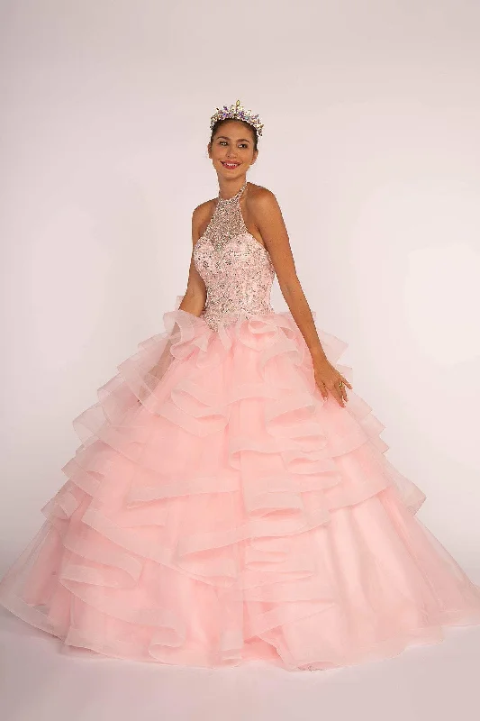 Limited Time Offer!Elizabeth K - GL2512 Ornate Illusion High Halter Ruffled Ballgown