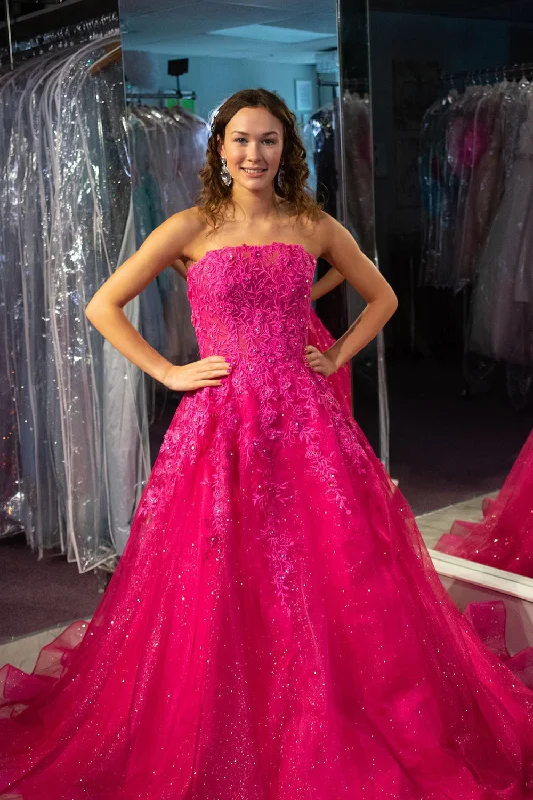 Biggest Sale of the Season!Fuchsia A Line Strapless Long Prom Dress With Embroidery