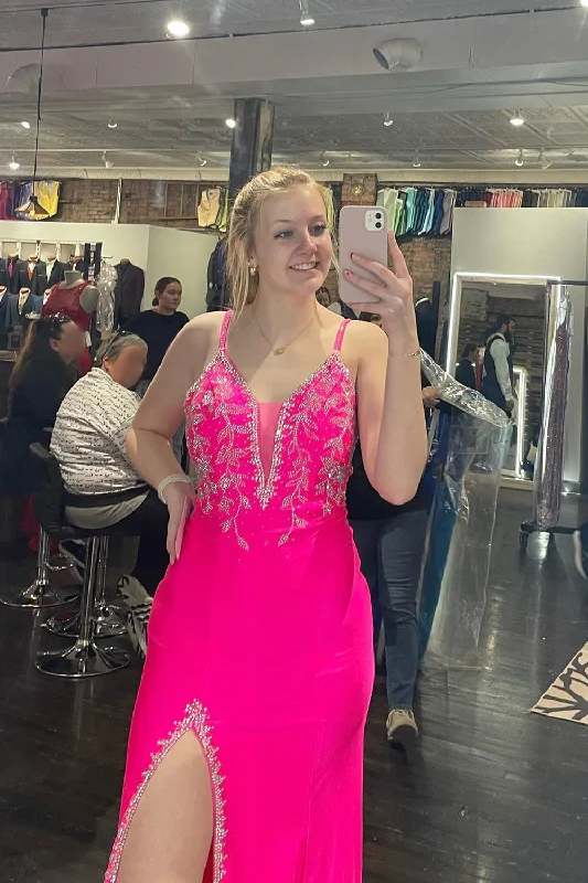 Don’t Wait – Shop Today!Fuchsia Mermaid V Neck Long Appliqued Prom Dress With Slit