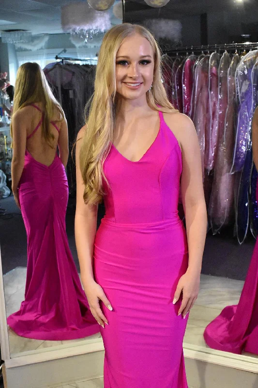 Huge Price Cuts Await!Fuchsia Mermaid V Neck Long Prom Dress