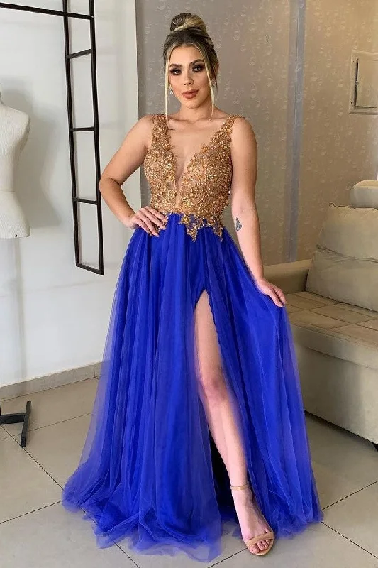 Your Chance to Save is Now!Gold Beaded Prom Dress with Royal Blue Tulle Skirt